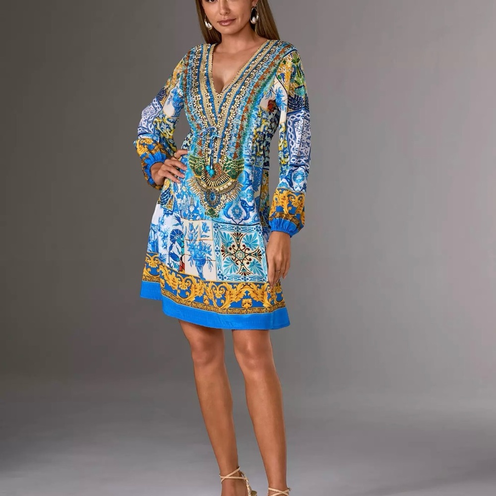 Boston Proper Embellished Tile Print Tassel Long Sleeve A Line Dress Size Medium